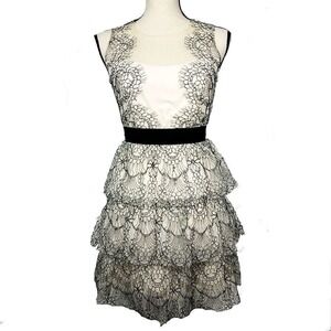 Gianni Bini Black Ivory Lace Tiered Ruffle Cocktail Dress Sleeveless Illusion XS
